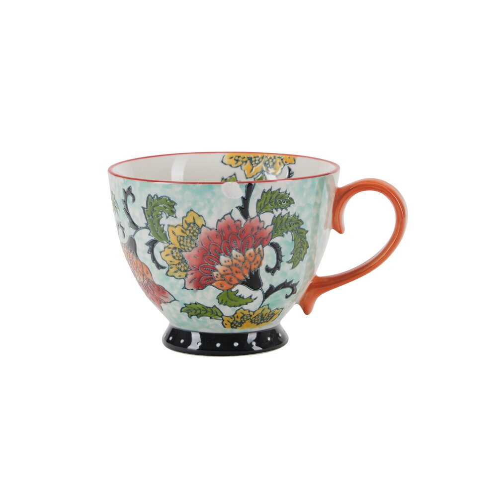 Håndmalet krus med blomster, orange - H9 cm.